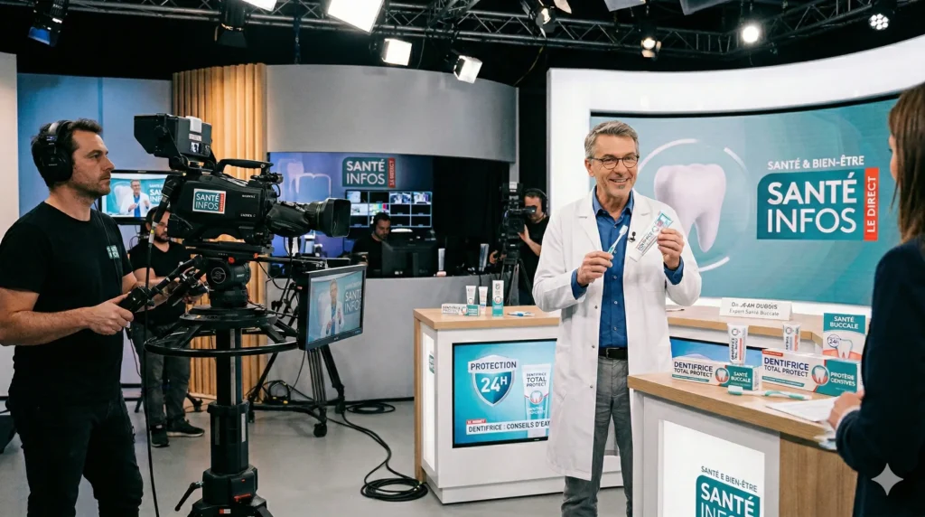 L'image présente un médecin sur un plateau de télévision qui présente un dentifrice.